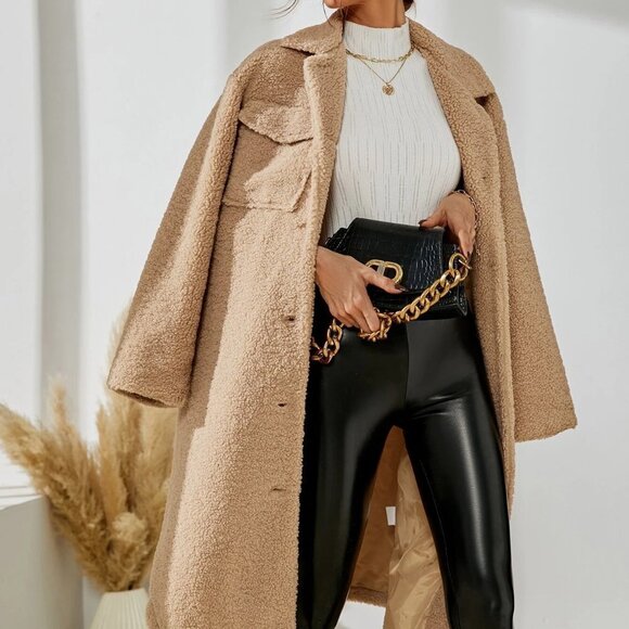 Khaki Casual Boho Drop Shoulder Flap Pocket Teddy Coat - Picture 2 of 5